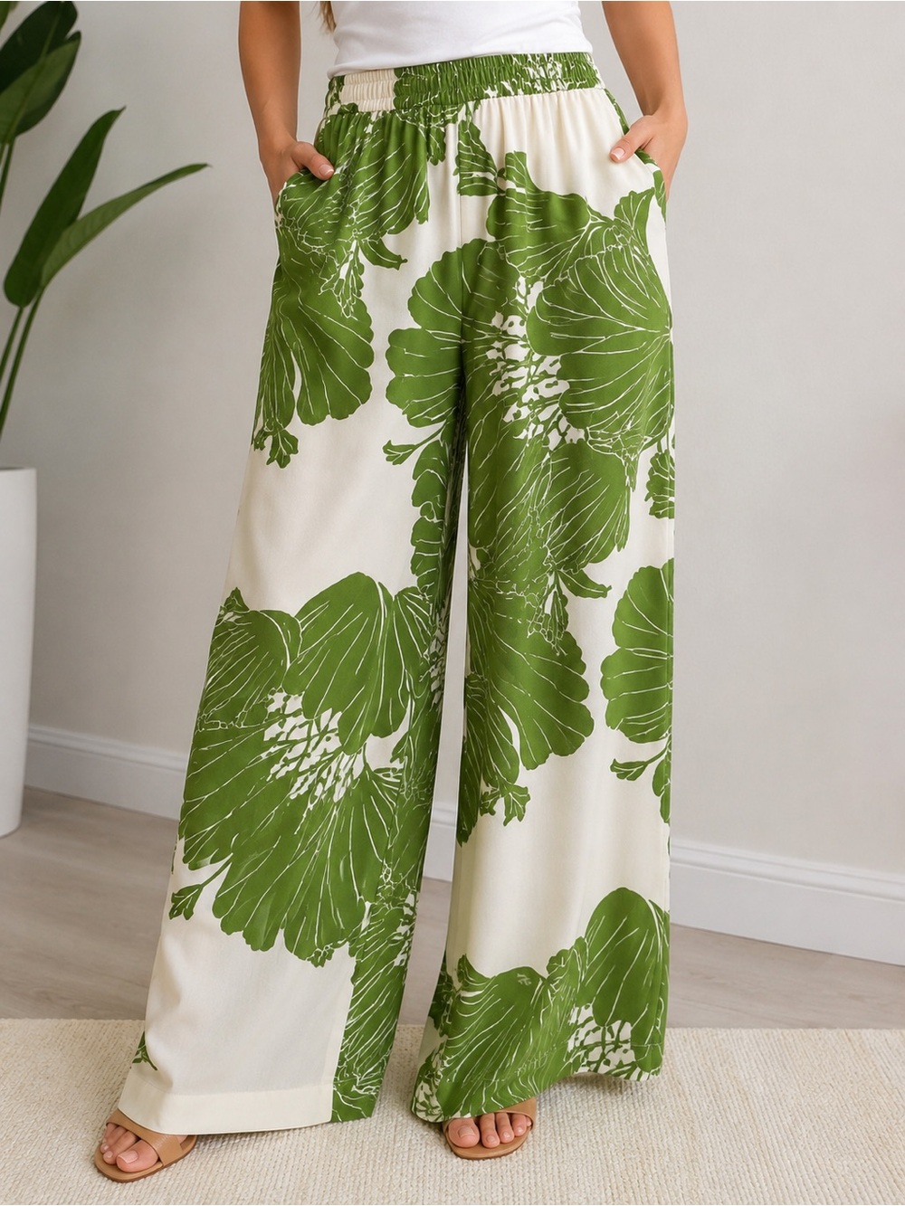 Banana Republic M Tall 100% Silk Floral Wide Leg Palazzo Pants Green